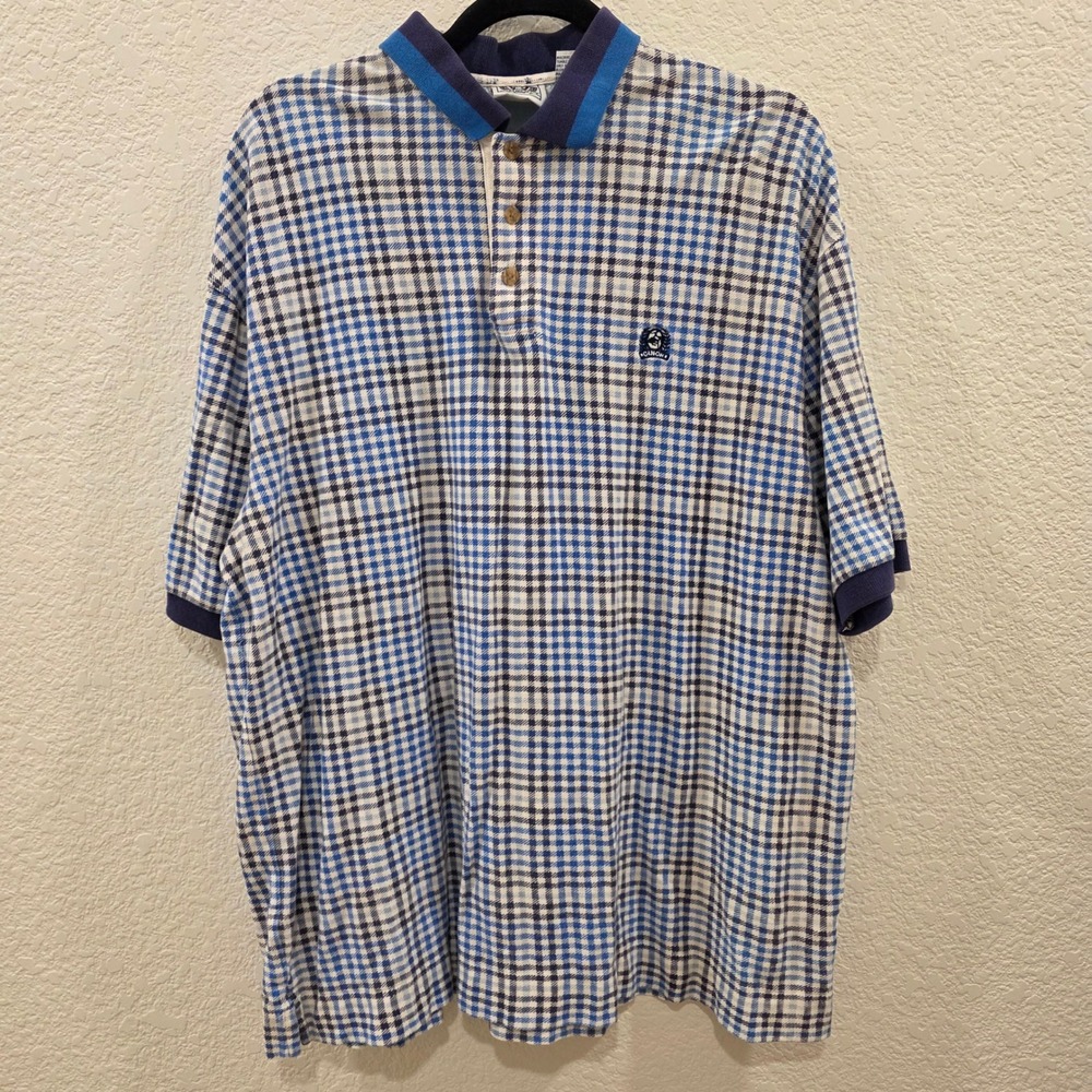 VTG Cinch Mens XL Blue Plaid Short Sleeve Polo Shirt Cotton Western Logo 1834